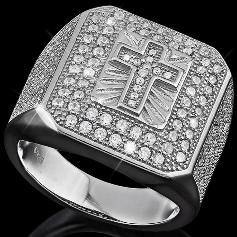 Ring Mens Cross 140 Round Cut Created Diamonds 0.925 Sterling Silver 12.23 Grams